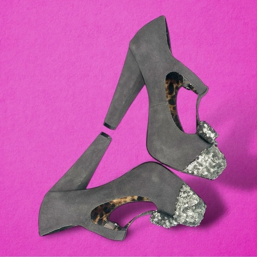Betsey Johnson Gray Poppie Mary Jane Heels with Silver Sequin Bow